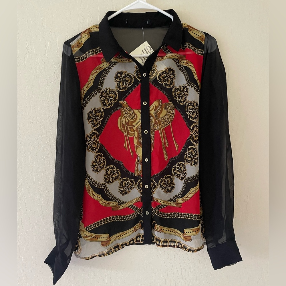 Elegant Black and Red Women's Sheer Blouse